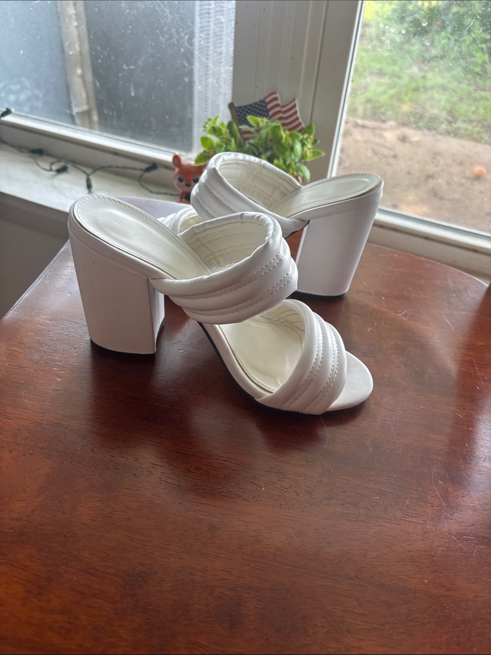 Qupid White Double-Strap Block Heel Slide Sandals